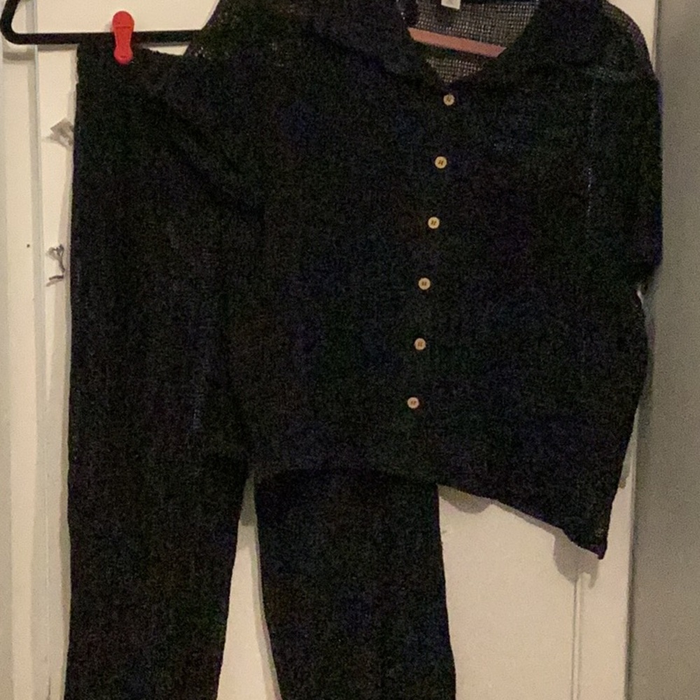 Black 2 Piece Mesh Button Down Swim Coverup with Notched Collar - Picture 16 of 16